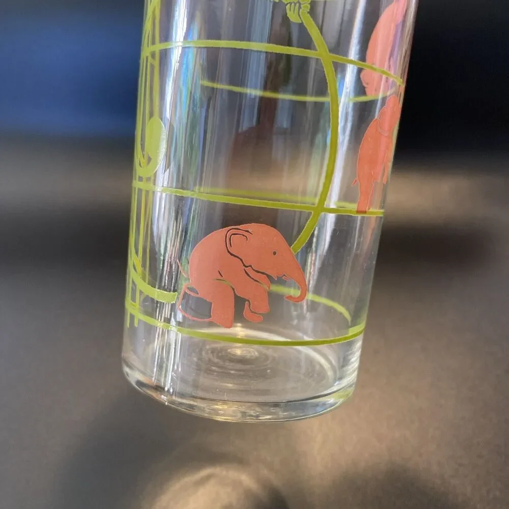 Vintage MCM Federal Glass Pink Elephant & Monkey Musical Notes Highball Glass